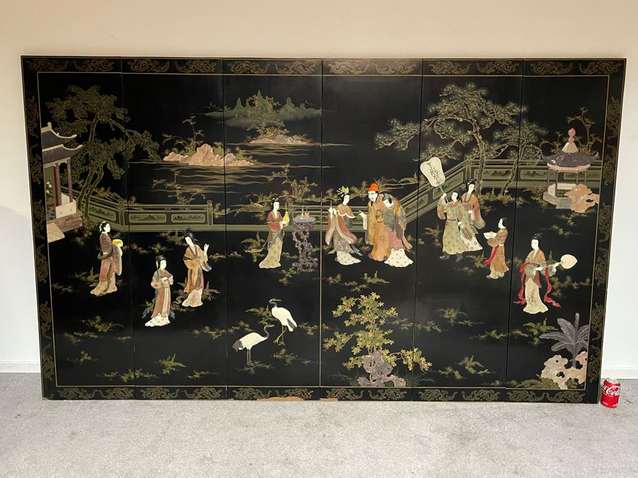 Large Chinese 6-Panel Wooden Screen With Relief Carved Semi-Precious Stones (Some Damage At Bottom / Panels Have Been Cut At Bottom) 96W X 58H - See Photos [Photo 39]