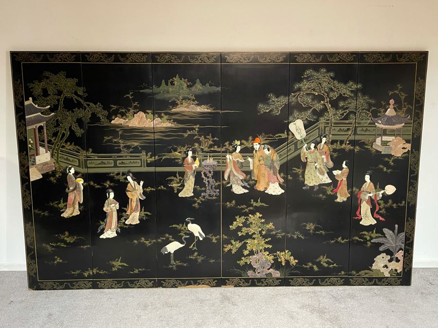 Large Chinese 6-Panel Wooden Screen With Relief Carved Semi-Precious Stones (Some Damage At Bottom / Panels Have Been Cut At Bottom) 96W X 58H - See Photos [Photo 4]