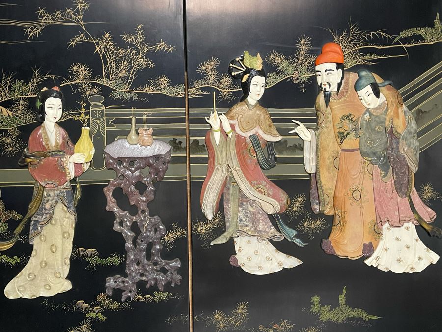 Large Chinese 6-Panel Wooden Screen With Relief Carved Semi-Precious Stones (Some Damage At Bottom / Panels Have Been Cut At Bottom) 96W X 58H - See Photos [Photo 28]