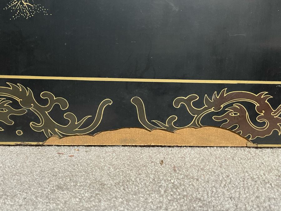 Large Chinese 6-Panel Wooden Screen With Relief Carved Semi-Precious Stones (Some Damage At Bottom / Panels Have Been Cut At Bottom) 96W X 58H - See Photos [Photo 22]