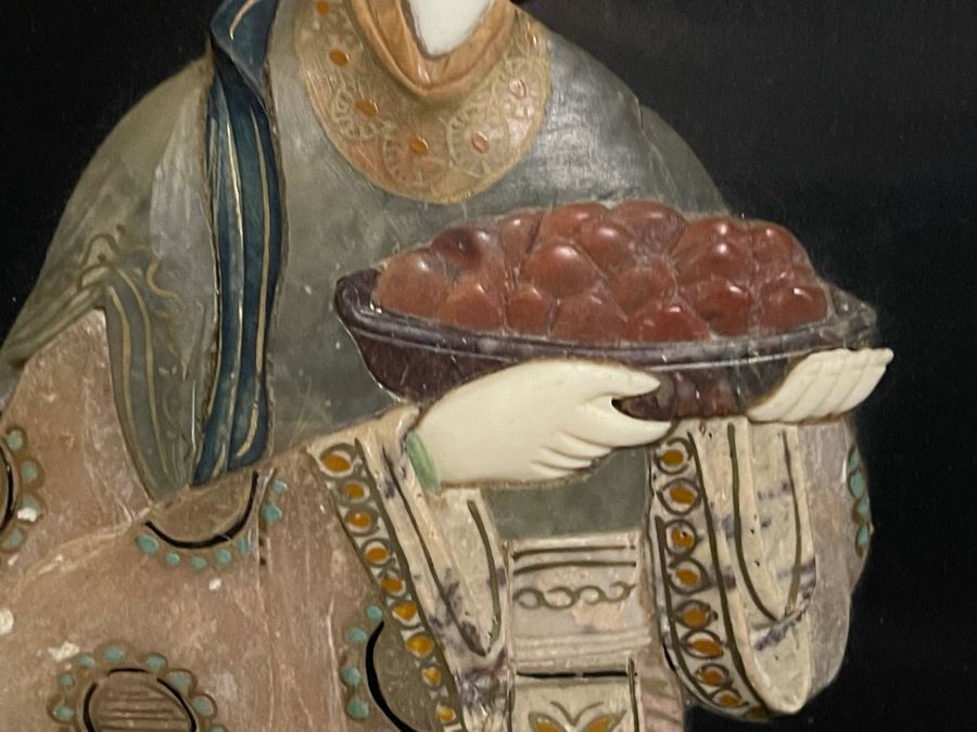 Large Chinese 6-Panel Wooden Screen With Relief Carved Semi-Precious Stones (Some Damage At Bottom / Panels Have Been Cut At Bottom) 96W X 58H - See Photos [Photo 30]