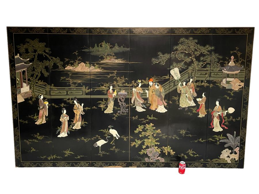 Large Chinese 6-Panel Wooden Screen With Relief Carved Semi-Precious Stones (Some Damage At Bottom / Panels Have Been Cut At Bottom) 96W X 58H - See Photos [Photo 1]