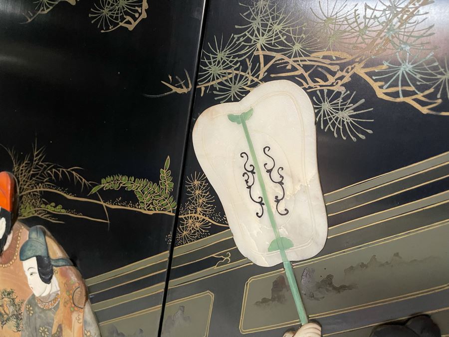 Large Chinese 6-Panel Wooden Screen With Relief Carved Semi-Precious Stones (Some Damage At Bottom / Panels Have Been Cut At Bottom) 96W X 58H - See Photos [Photo 9]