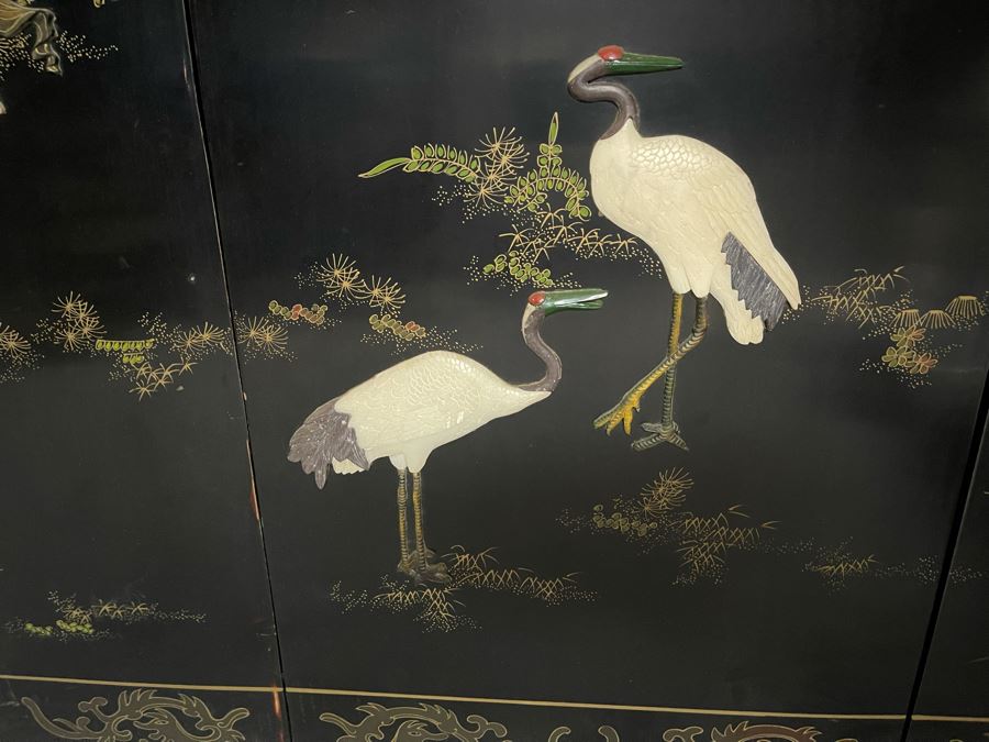 Large Chinese 6-Panel Wooden Screen With Relief Carved Semi-Precious Stones (Some Damage At Bottom / Panels Have Been Cut At Bottom) 96W X 58H - See Photos [Photo 14]