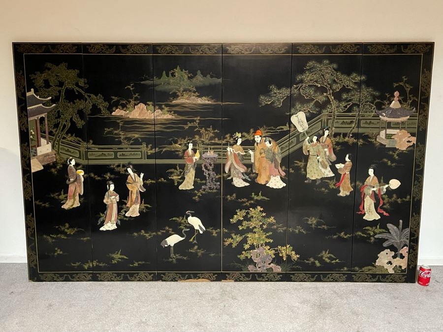 Large Chinese 6-Panel Wooden Screen With Relief Carved Semi-Precious Stones (Some Damage At Bottom / Panels Have Been Cut At Bottom) 96W X 58H - See Photos [Photo 41]