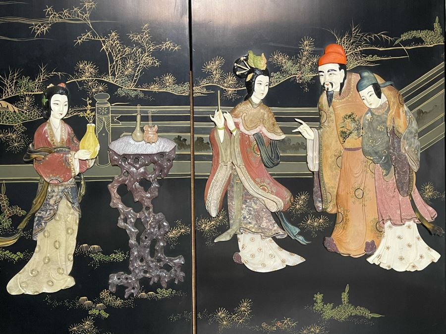 Large Chinese 6-Panel Wooden Screen With Relief Carved Semi-Precious Stones (Some Damage At Bottom / Panels Have Been Cut At Bottom) 96W X 58H - See Photos [Photo 27]