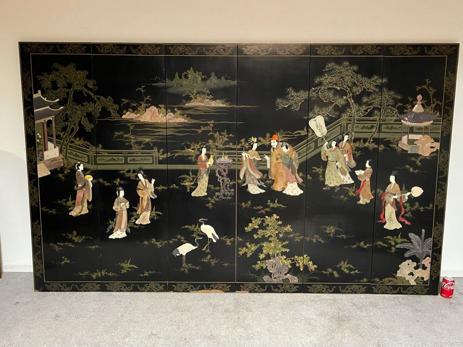 Large Chinese 6-Panel Wooden Screen With Relief Carved Semi-Precious Stones (Some Damage At Bottom / Panels Have Been Cut At Bottom) 96W X 58H - See Photos [Photo 40]