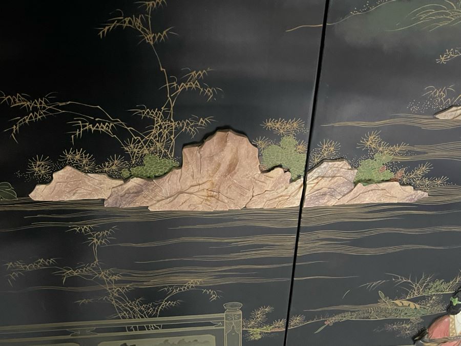 Large Chinese 6-Panel Wooden Screen With Relief Carved Semi-Precious Stones (Some Damage At Bottom / Panels Have Been Cut At Bottom) 96W X 58H - See Photos [Photo 19]