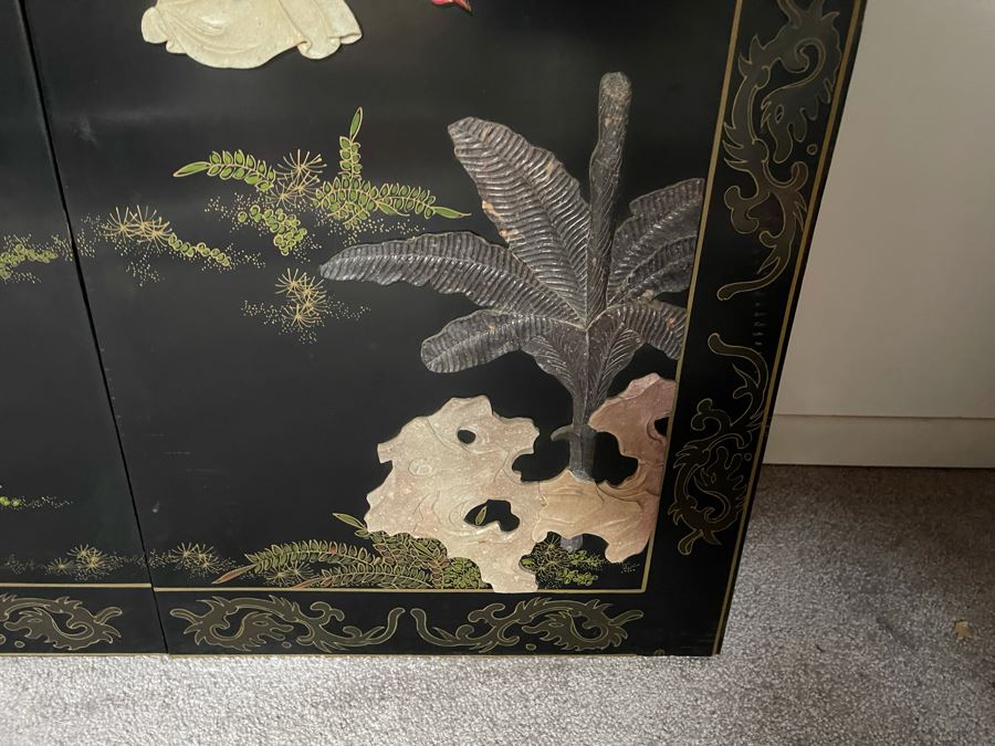 Large Chinese 6-Panel Wooden Screen With Relief Carved Semi-Precious Stones (Some Damage At Bottom / Panels Have Been Cut At Bottom) 96W X 58H - See Photos [Photo 11]
