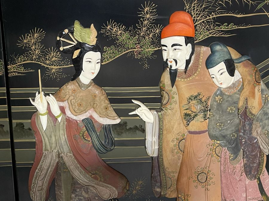 Large Chinese 6-Panel Wooden Screen With Relief Carved Semi-Precious Stones (Some Damage At Bottom / Panels Have Been Cut At Bottom) 96W X 58H - See Photos [Photo 6]