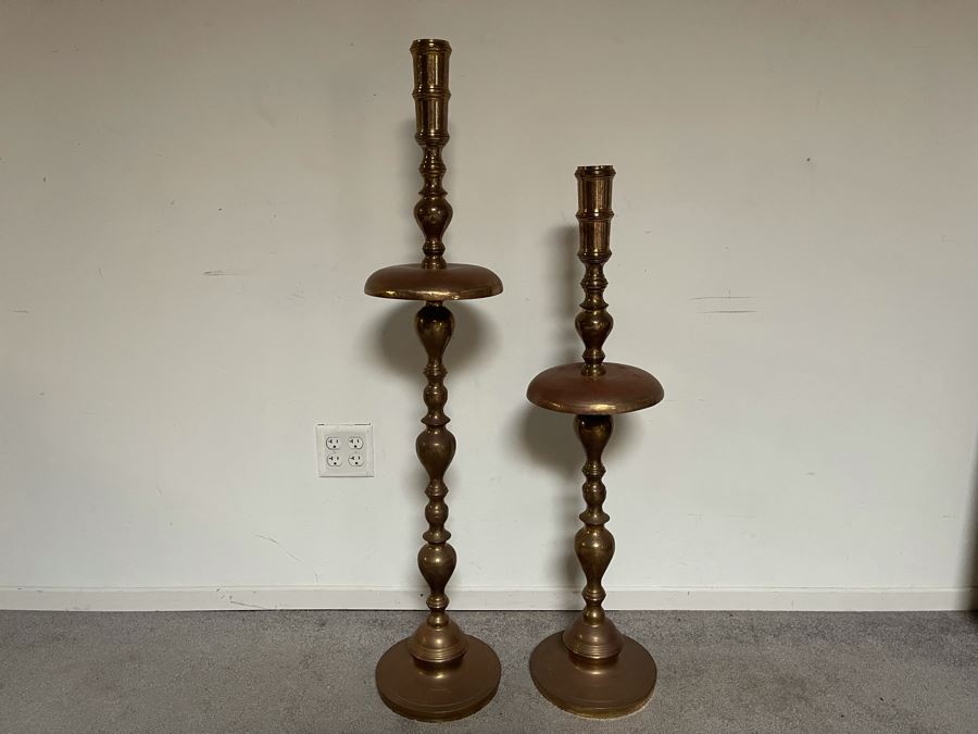 Vintage Large Pair Of Moroccan Brass Altar Candle Holders 48H And 41H Weighs 22 Pounds [Photo 4]