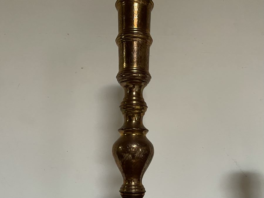 Vintage Large Pair Of Moroccan Brass Altar Candle Holders 48H And 41H Weighs 22 Pounds [Photo 8]