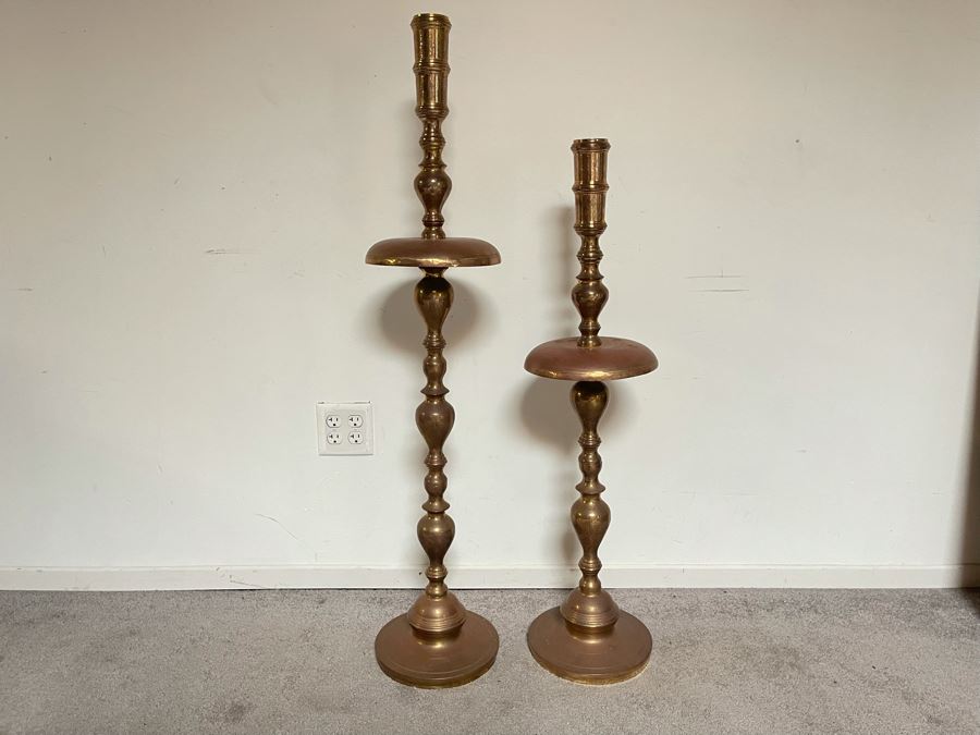 Vintage Large Pair Of Moroccan Brass Altar Candle Holders 48H And 41H Weighs 22 Pounds [Photo 2]