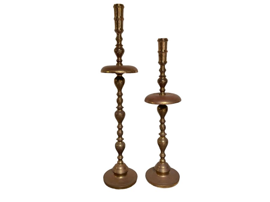 Vintage Large Pair Of Moroccan Brass Altar Candle Holders 48H And 41H Weighs 22 Pounds [Photo 1]