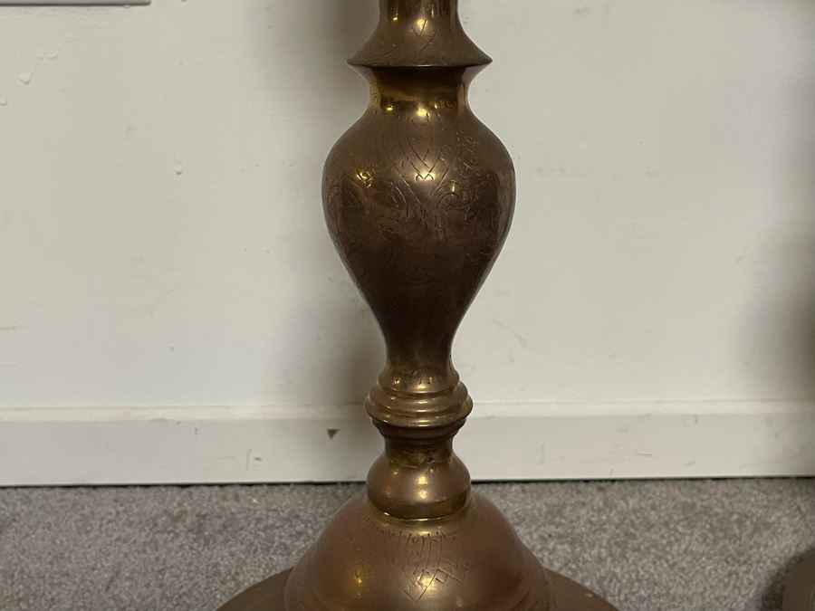 Vintage Large Pair Of Moroccan Brass Altar Candle Holders 48H And 41H Weighs 22 Pounds [Photo 6]