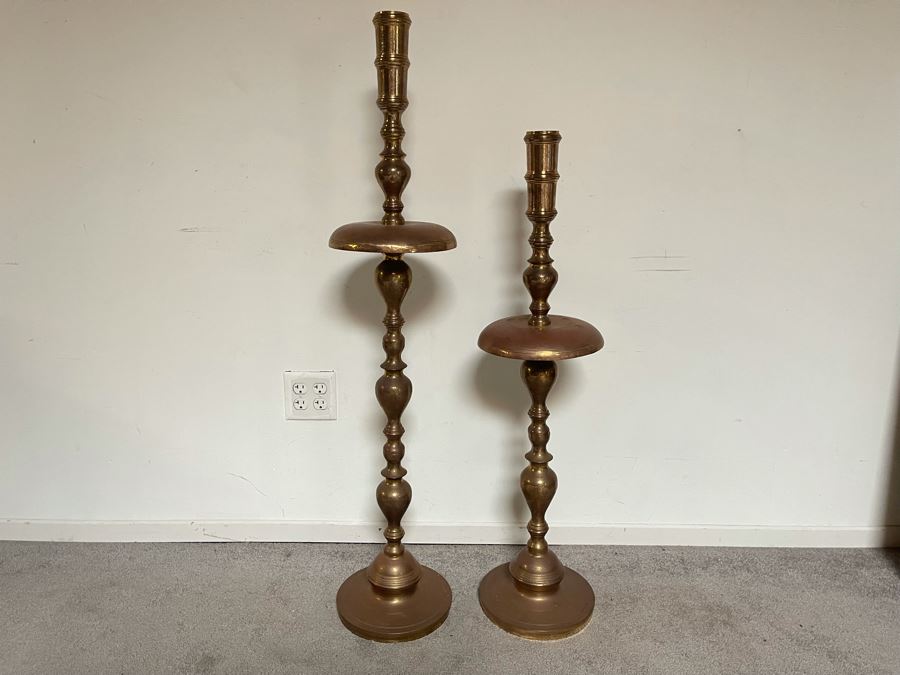 Vintage Large Pair Of Moroccan Brass Altar Candle Holders 48H And 41H Weighs 22 Pounds [Photo 5]