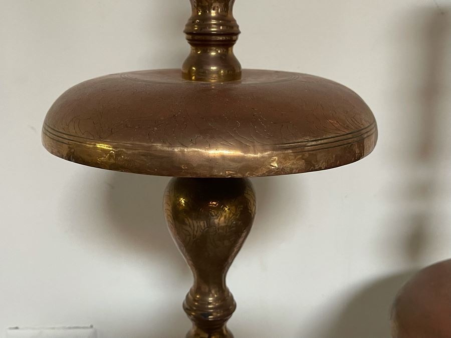 Vintage Large Pair Of Moroccan Brass Altar Candle Holders 48H And 41H Weighs 22 Pounds [Photo 7]