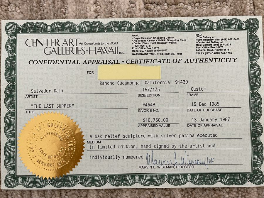 Salvador Dali (1904-1989) Bas Relief Sculpture Titled 'The Last Supper' With Silver Patina Limited Edition I 57/175 In Custom Shadowbox Frame 41 X 35 Appraised $10,750 In 1987 With Certificate Of Authenticity - See Photos [Photo 21]