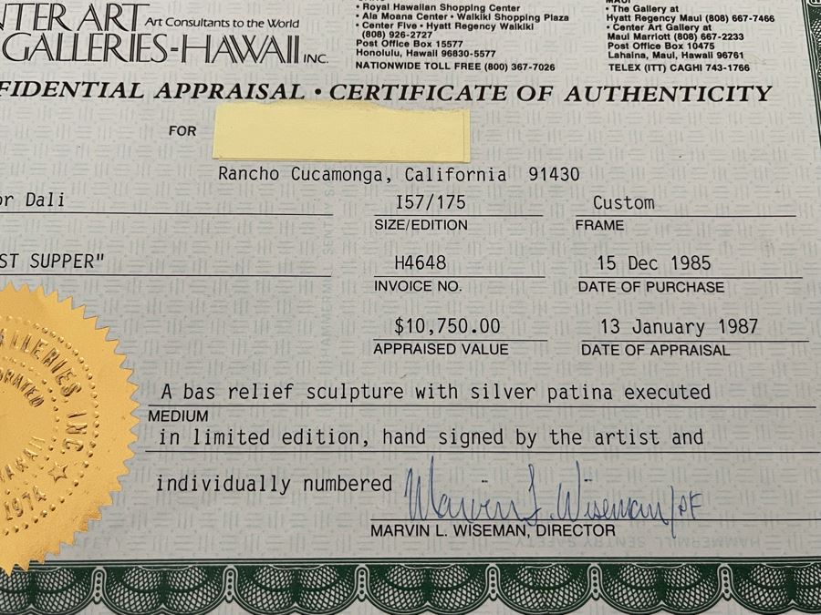 Salvador Dali (1904-1989) Bas Relief Sculpture Titled 'The Last Supper' With Silver Patina Limited Edition I 57/175 In Custom Shadowbox Frame 41 X 35 Appraised $10,750 In 1987 With Certificate Of Authenticity - See Photos [Photo 23]