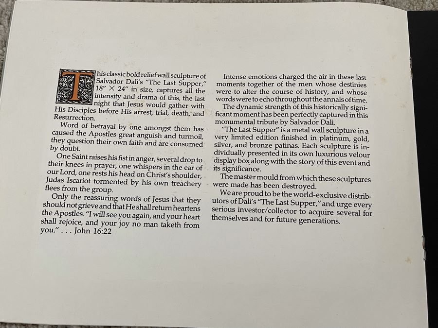 Salvador Dali (1904-1989) Bas Relief Sculpture Titled 'The Last Supper' With Silver Patina Limited Edition I 57/175 In Custom Shadowbox Frame 41 X 35 Appraised $10,750 In 1987 With Certificate Of Authenticity - See Photos [Photo 29]