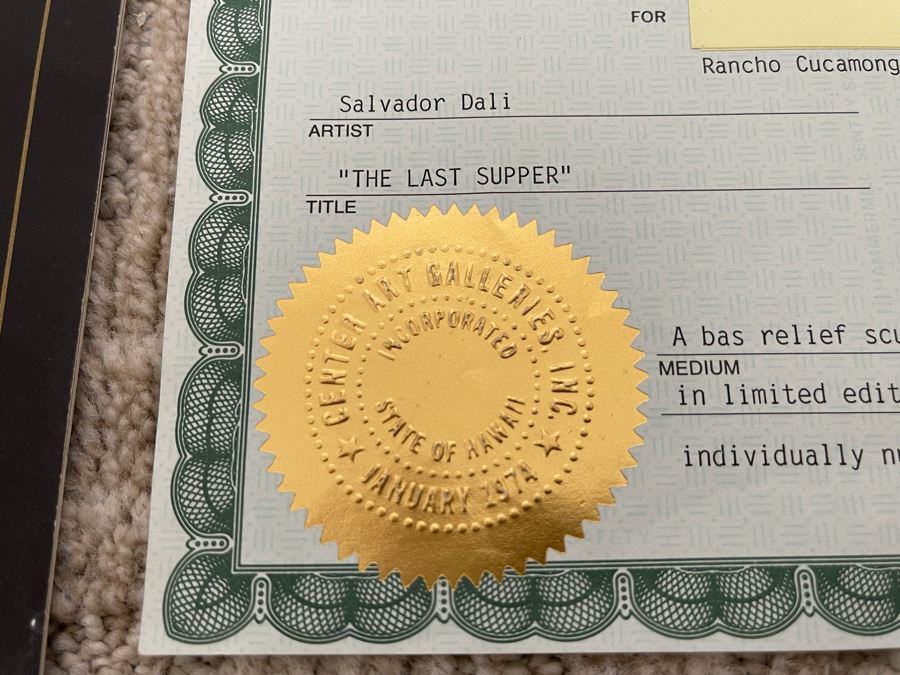 Salvador Dali (1904-1989) Bas Relief Sculpture Titled 'The Last Supper' With Silver Patina Limited Edition I 57/175 In Custom Shadowbox Frame 41 X 35 Appraised $10,750 In 1987 With Certificate Of Authenticity - See Photos [Photo 22]