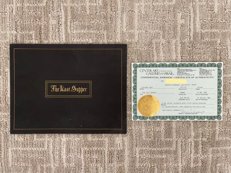 Salvador Dali (1904-1989) Bas Relief Sculpture Titled 'The Last Supper' With Silver Patina Limited Edition I 57/175 In Custom Shadowbox Frame 41 X 35 Appraised $10,750 In 1987 With Certificate Of Authenticity - See Photos [Photo 20]