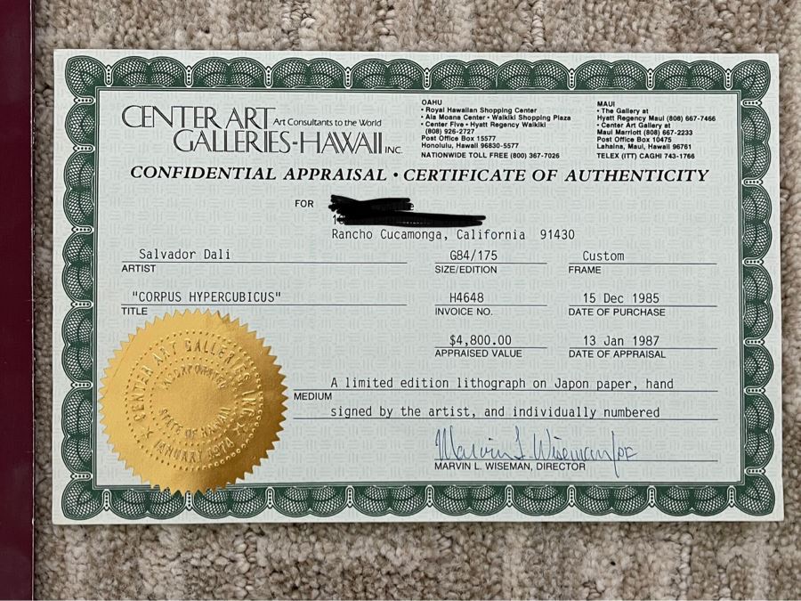 Salvador Dali (1904-1989) Hand Signed Lithograph Titled 'Corpus Hypercubicus' Limited Edition G 84/175 In Custom Frame 36 X 46 Appraised $4,800 In 1987 With Certificate Of Authenticity - See Photos [Photo 20]