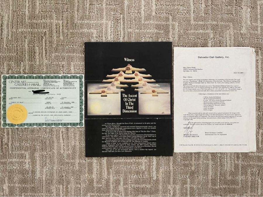 Salvador Dali (1904-1989) Hand Signed 3-D Stereoscopic Lithograph On Japon Paper Titled 'Christ Of Gala' Limited Edition EA 69/100 In Custom Frame 56 X 38 Appraised $6,600 In 1987 With Certificate Of Authenticity - See Photos [Photo 18]