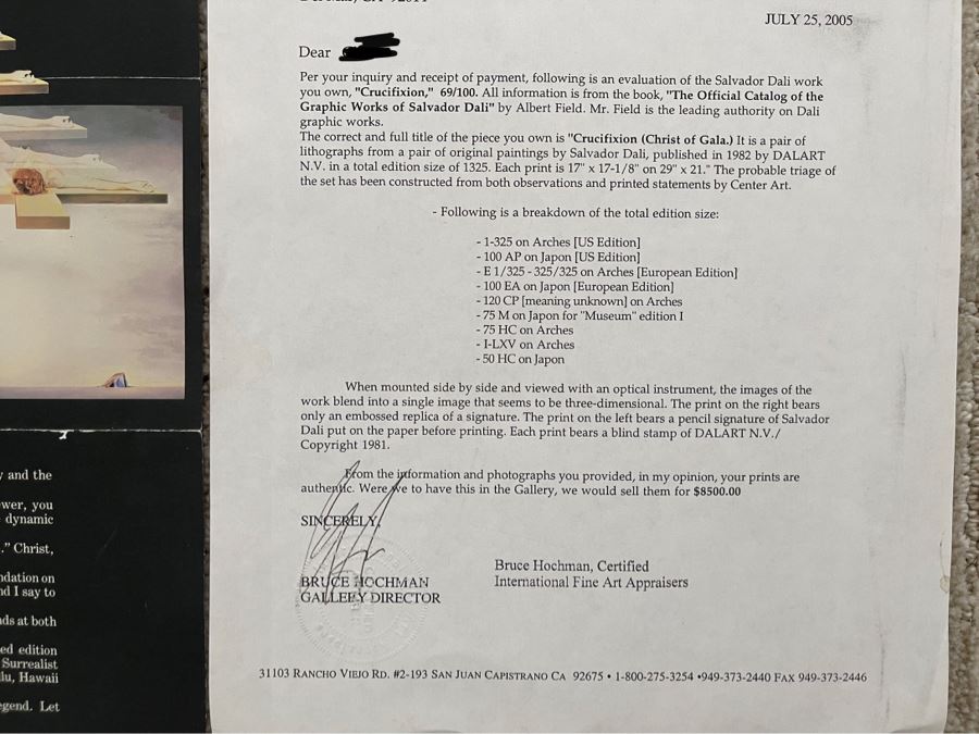 Salvador Dali (1904-1989) Hand Signed 3-D Stereoscopic Lithograph On Japon Paper Titled 'Christ Of Gala' Limited Edition EA 69/100 In Custom Frame 56 X 38 Appraised $6,600 In 1987 With Certificate Of Authenticity - See Photos [Photo 22]