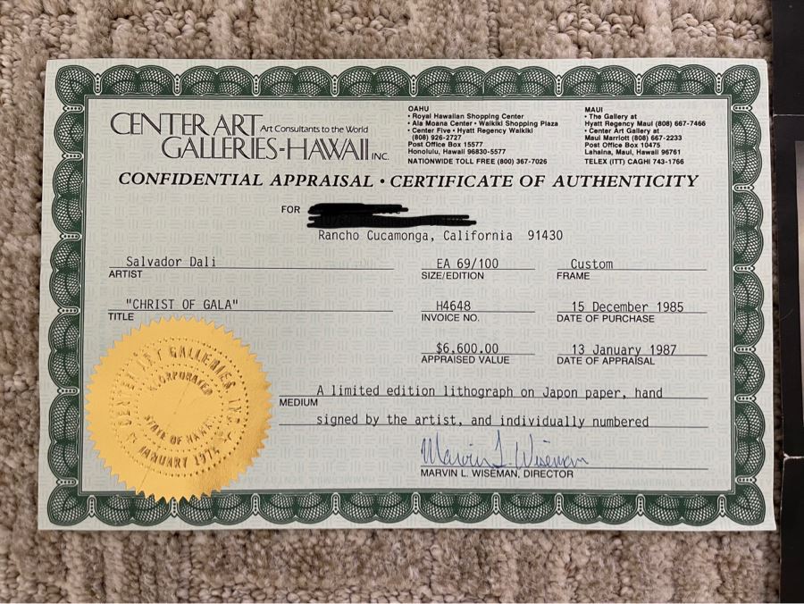 Salvador Dali (1904-1989) Hand Signed 3-D Stereoscopic Lithograph On Japon Paper Titled 'Christ Of Gala' Limited Edition EA 69/100 In Custom Frame 56 X 38 Appraised $6,600 In 1987 With Certificate Of Authenticity - See Photos [Photo 19]