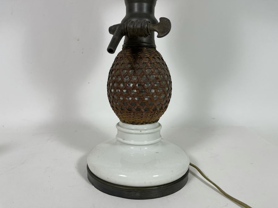 JUST ADDED - Vintage French Paris Rattan Covered Glass Seltzer Bottle Lamp 33H [Photo 9]