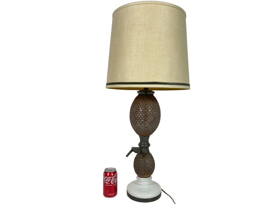JUST ADDED - Vintage French Paris Rattan Covered Glass Seltzer Bottle Lamp 33H [Photo 1]