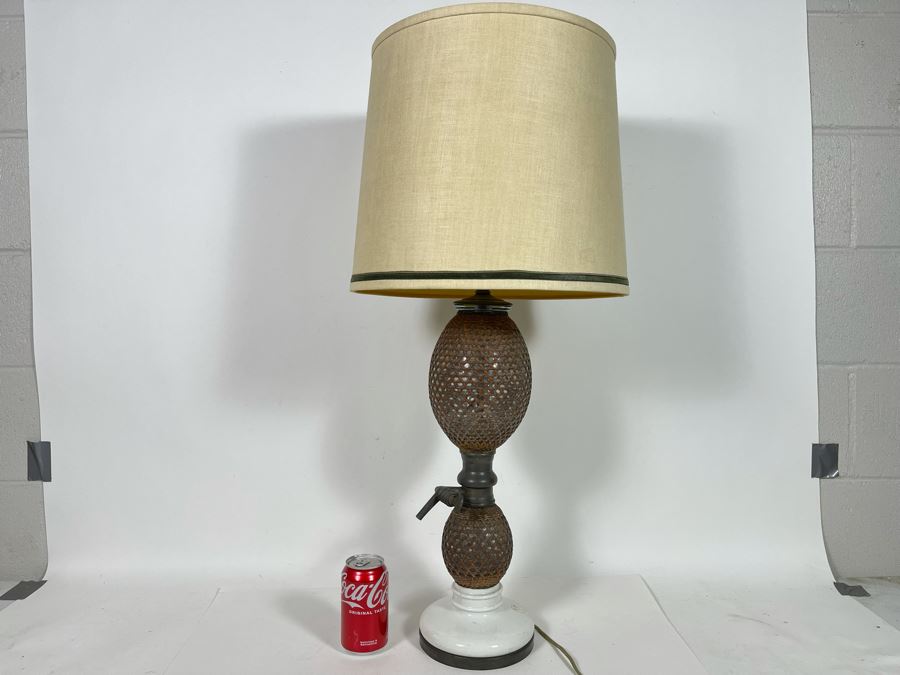 JUST ADDED - Vintage French Paris Rattan Covered Glass Seltzer Bottle Lamp 33H [Photo 2]