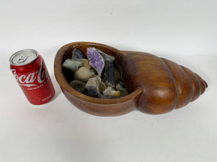 JUST ADDED - Carved Wooden Seashell Bowl Filled With Various Crystals And Rocks [Photo 5]