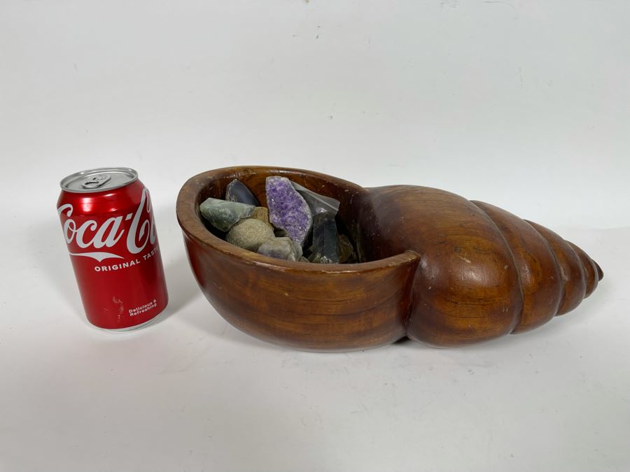 JUST ADDED - Carved Wooden Seashell Bowl Filled With Various Crystals And Rocks [Photo 4]