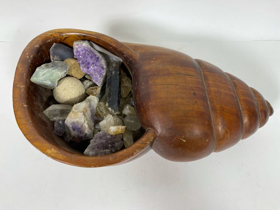 JUST ADDED - Carved Wooden Seashell Bowl Filled With Various Crystals And Rocks [Photo 2]