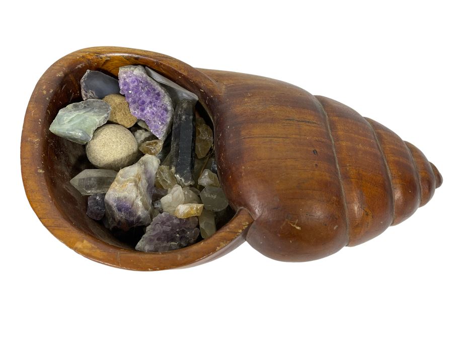 JUST ADDED - Carved Wooden Seashell Bowl Filled With Various Crystals And Rocks [Photo 1]