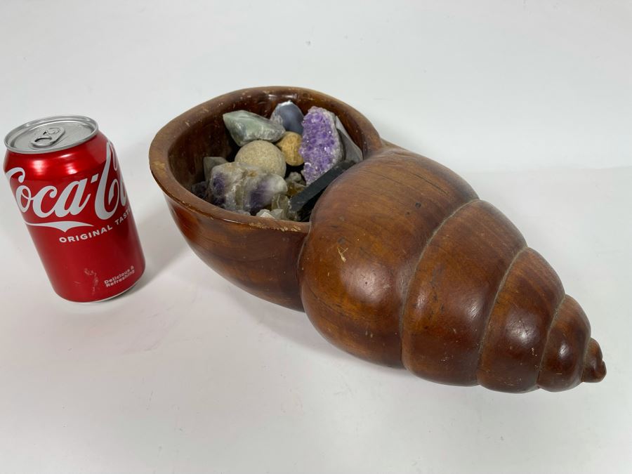 JUST ADDED - Carved Wooden Seashell Bowl Filled With Various Crystals And Rocks [Photo 11]