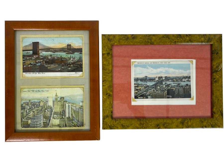 JUST ADDED - Pair Of Framed Vintage Postcards Featuring New York City / Brooklyn Bridge
