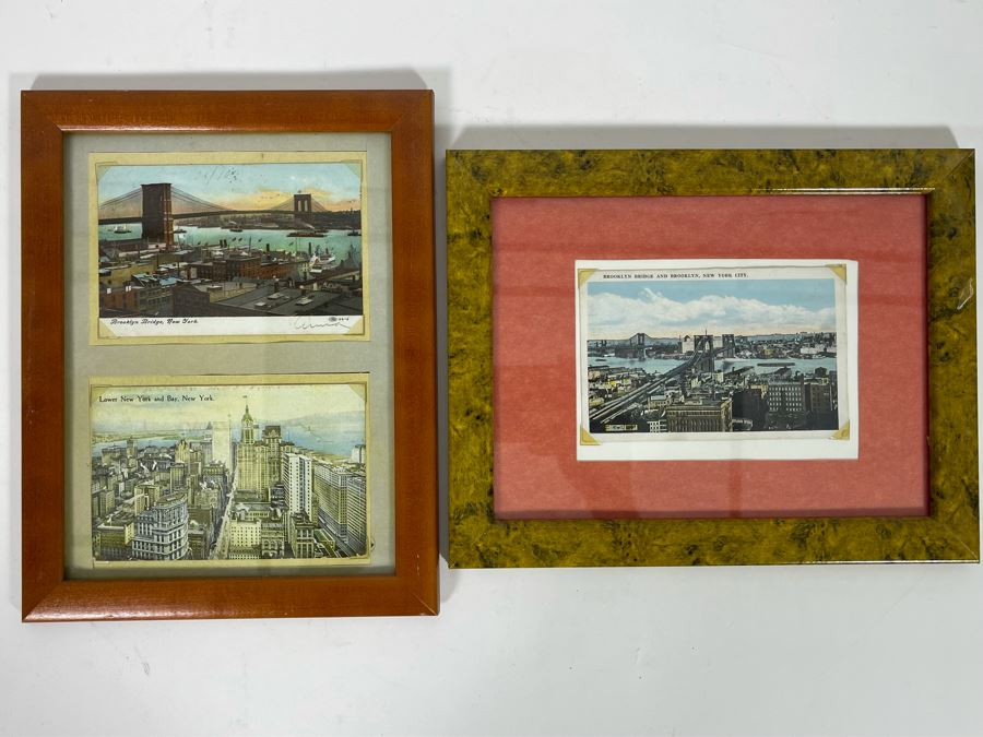 JUST ADDED - Pair Of Framed Vintage Postcards Featuring New York City / Brooklyn Bridge [Photo 2]
