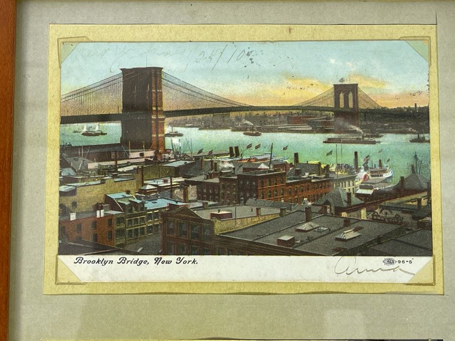JUST ADDED - Pair Of Framed Vintage Postcards Featuring New York City / Brooklyn Bridge [Photo 3]