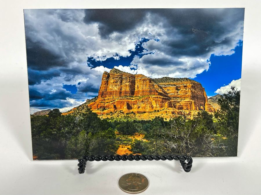 JUST ADDED - Small Hand Signed Henry Sautter Photograph Of Sedona Arizona Courthouse Butte Clouds 7 X 5 With Display Stand
