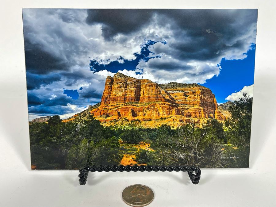 JUST ADDED - Small Hand Signed Henry Sautter Photograph Of Sedona Arizona Courthouse Butte Clouds 7 X 5 With Display Stand [Photo 2]