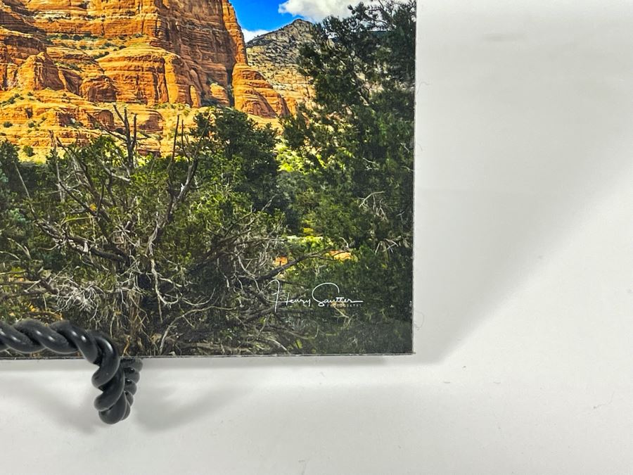 JUST ADDED - Small Hand Signed Henry Sautter Photograph Of Sedona Arizona Courthouse Butte Clouds 7 X 5 With Display Stand [Photo 3]