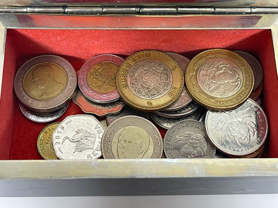JUST ADDED - Pair Of Handmade Boxes Filled With Various Foreign Coins [Photo 9]