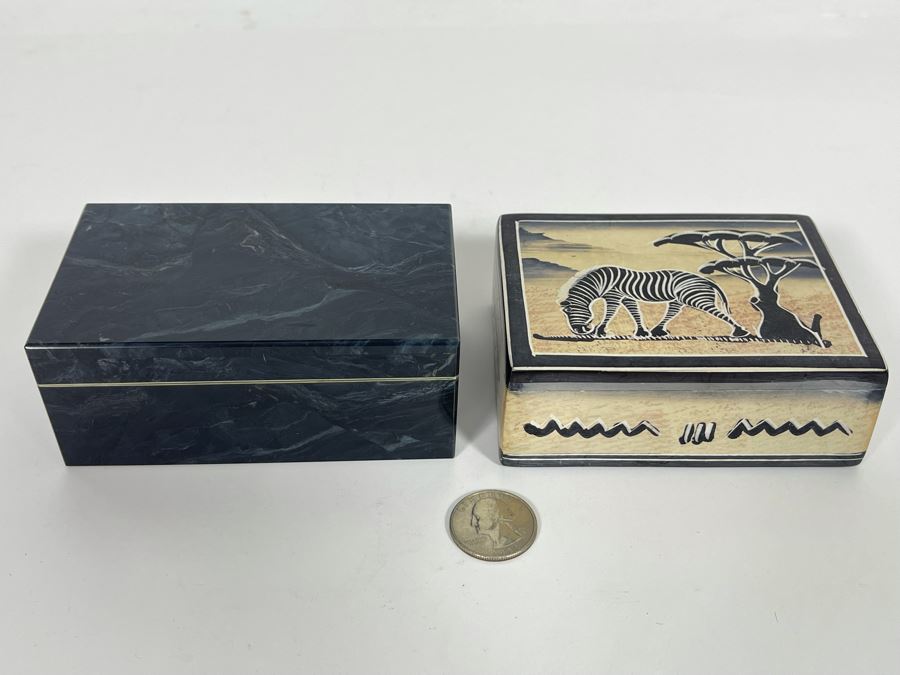 JUST ADDED - Pair Of Handmade Boxes Filled With Various Foreign Coins [Photo 2]