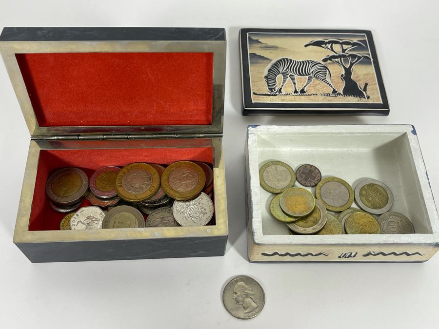 JUST ADDED - Pair Of Handmade Boxes Filled With Various Foreign Coins [Photo 1]