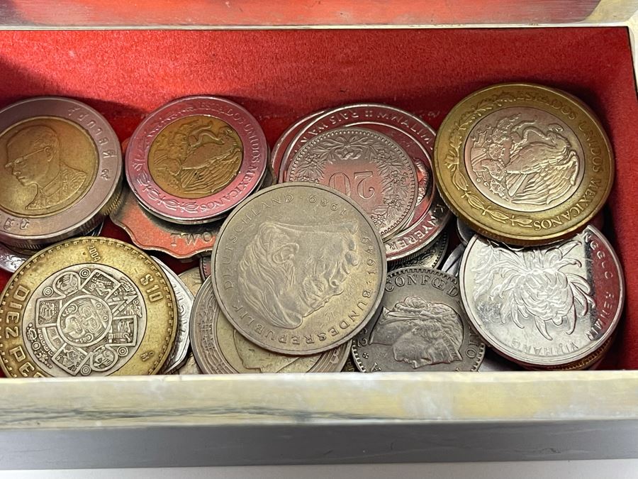 JUST ADDED - Pair Of Handmade Boxes Filled With Various Foreign Coins [Photo 10]