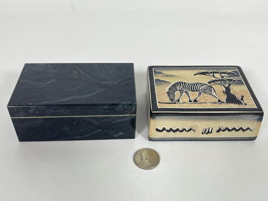 JUST ADDED - Pair Of Handmade Boxes Filled With Various Foreign Coins [Photo 3]