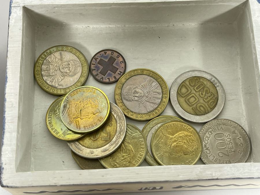JUST ADDED - Pair Of Handmade Boxes Filled With Various Foreign Coins [Photo 12]